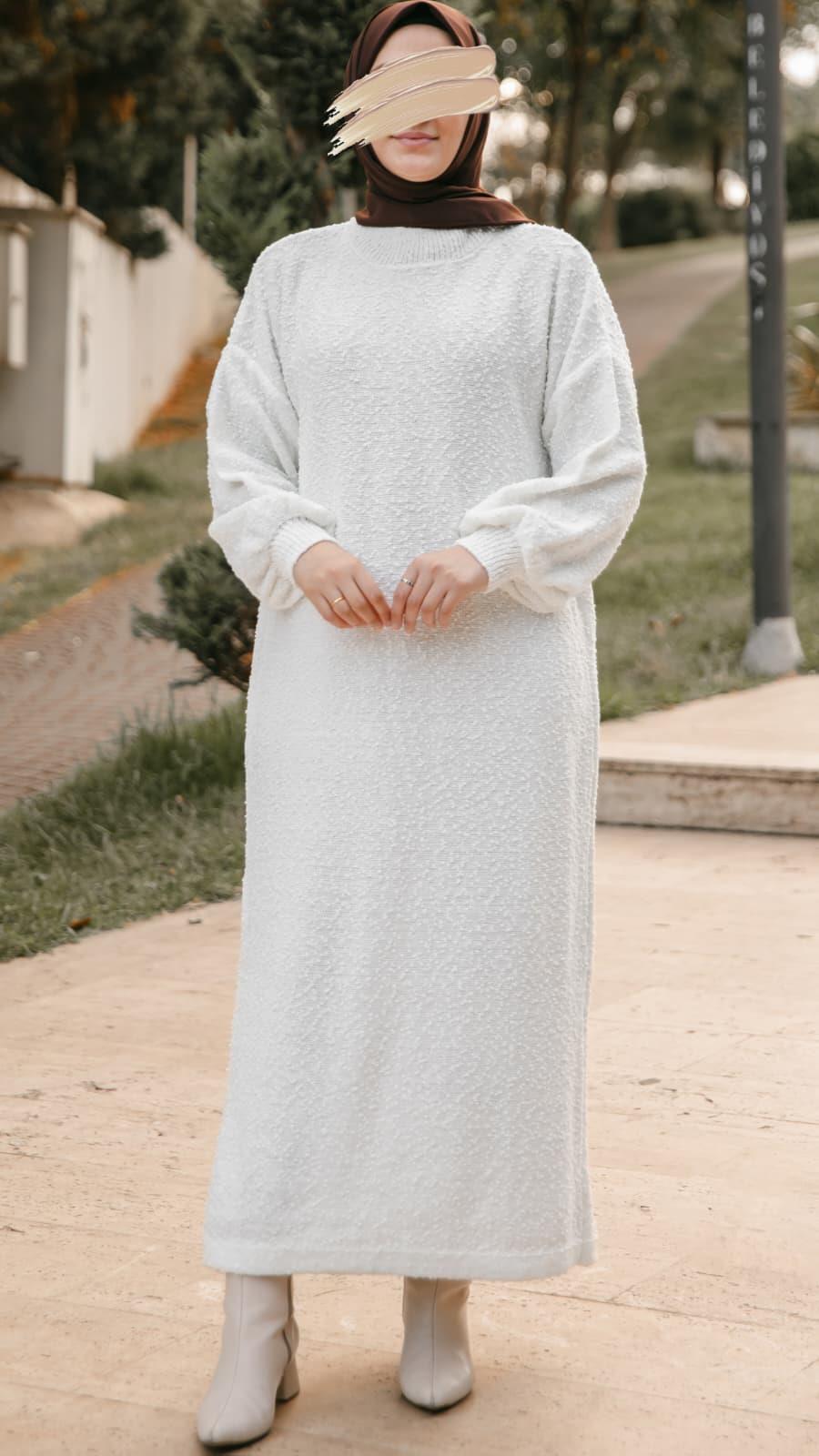 Oversize Tasarım Triko Elbise - Ekru