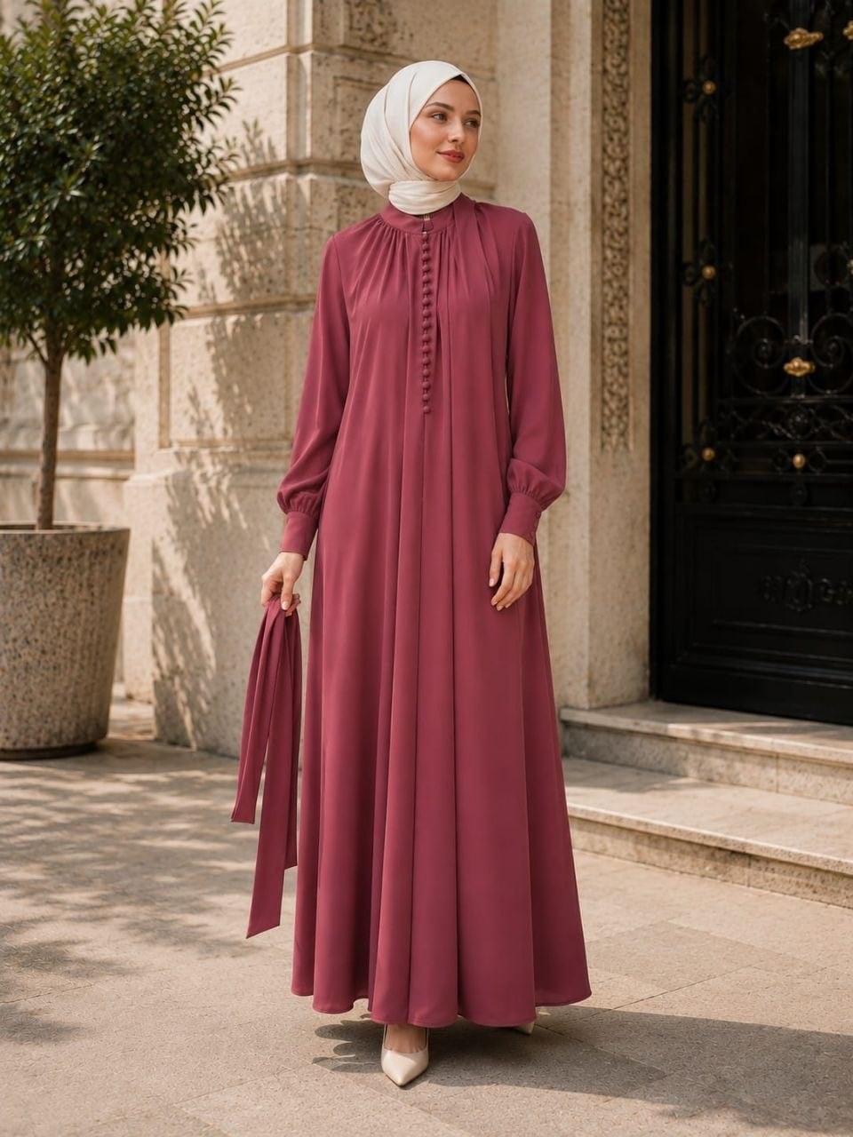 Reglan Kol Kaplama Düğmeli Elbise 5152 - Gül Kurusu