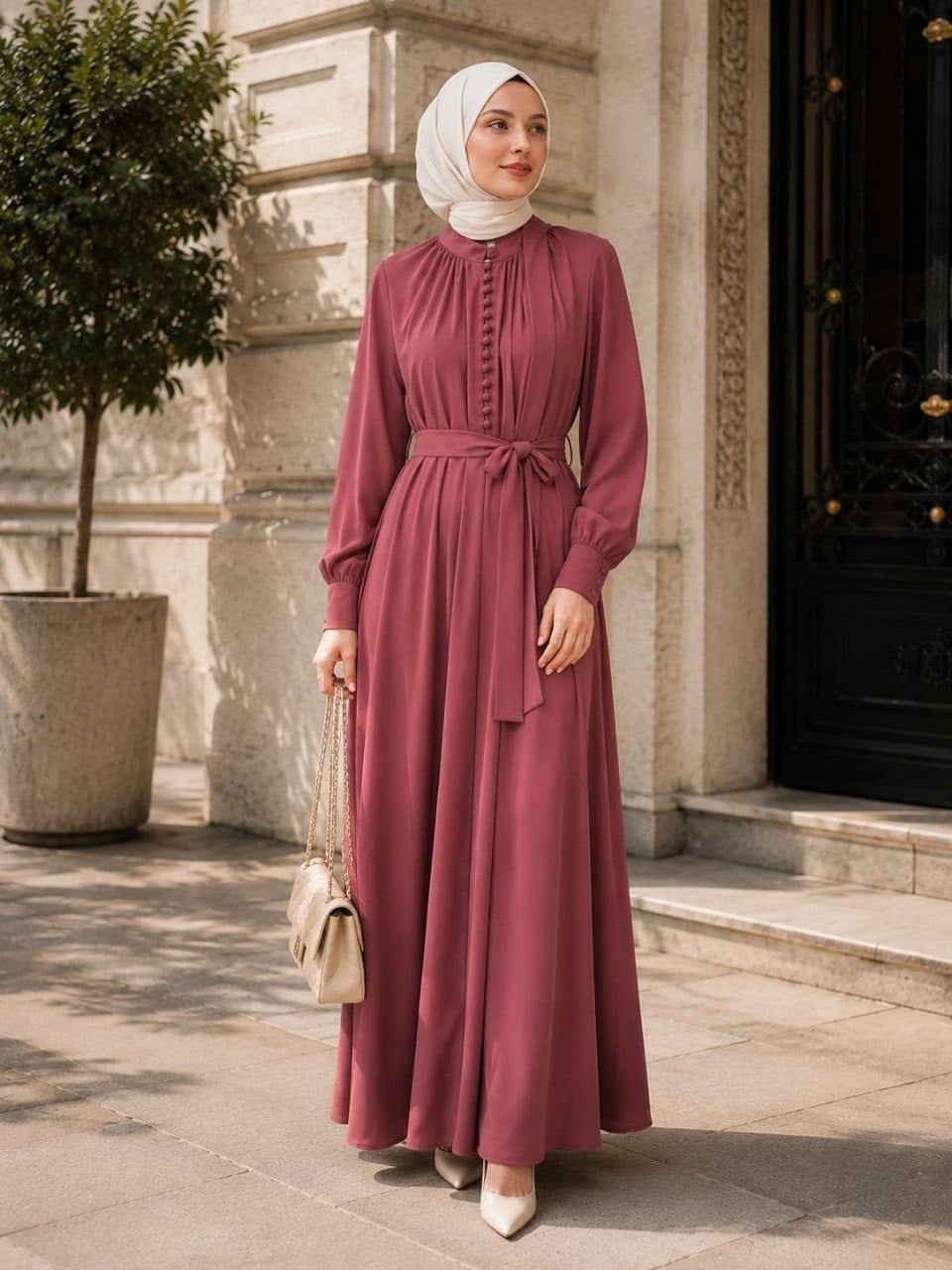 Reglan Kol Kaplama Düğmeli Elbise 5152 - Gül Kurusu