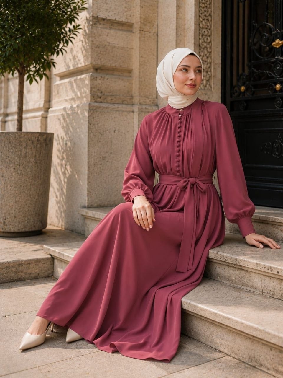 Reglan Kol Kaplama Düğmeli Elbise 5152 - Gül Kurusu