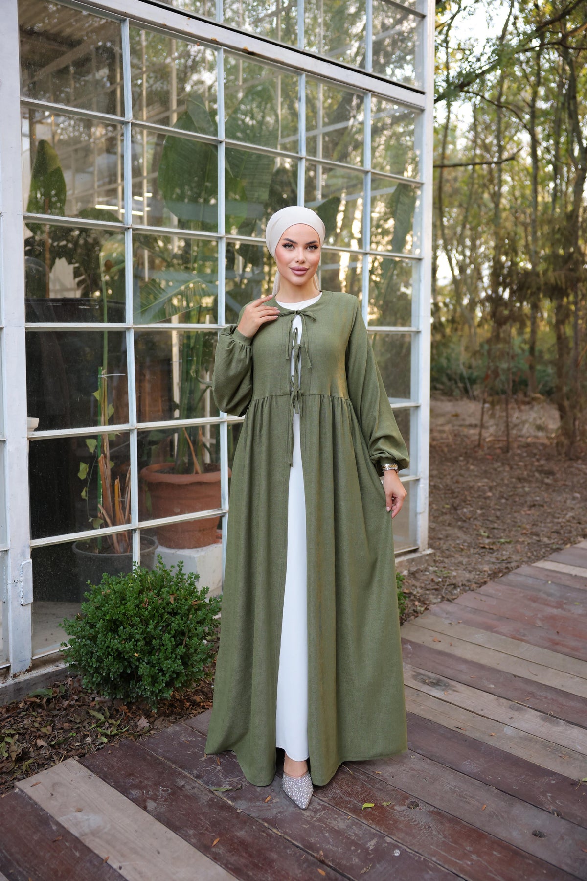 Bel Büzgülü 3 Biyeli Tesettür Kimono 8024 - Haki