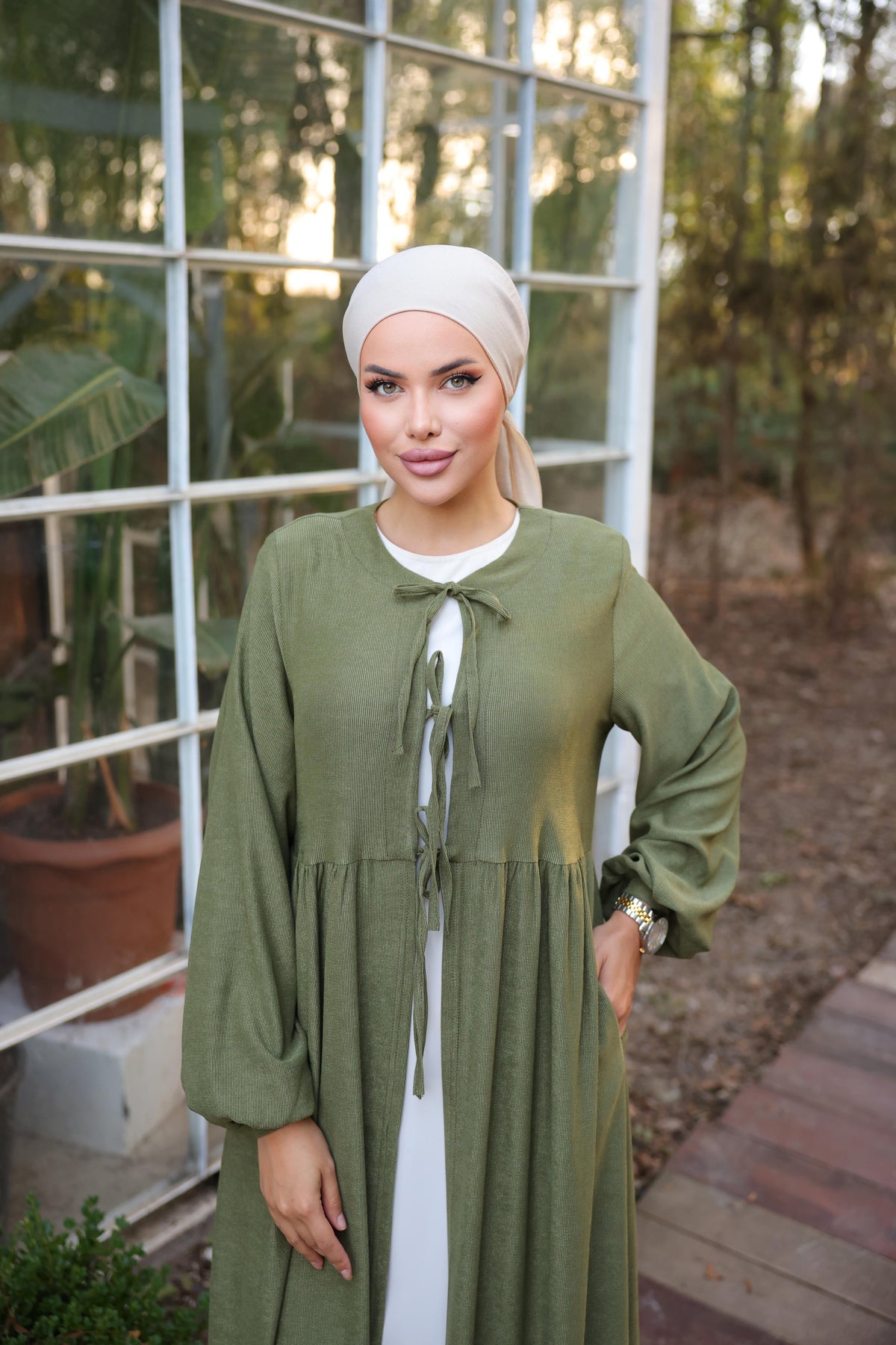Bel Büzgülü 3 Biyeli Tesettür Kimono 8024 - Haki