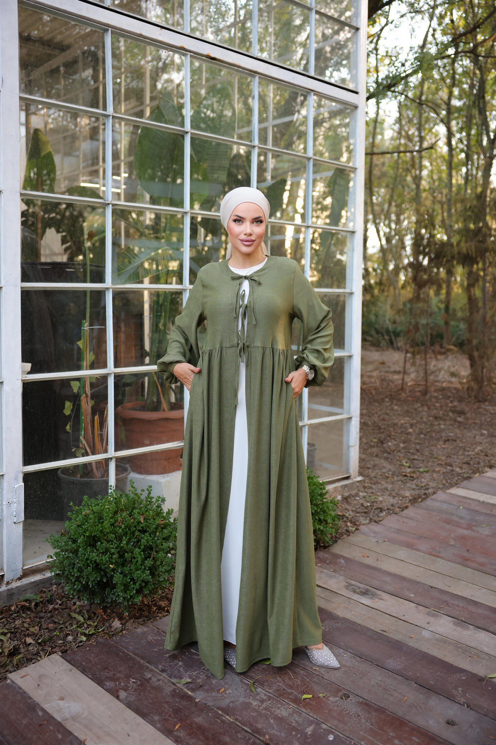 Bel Büzgülü 3 Biyeli Tesettür Kimono 8024 - Haki