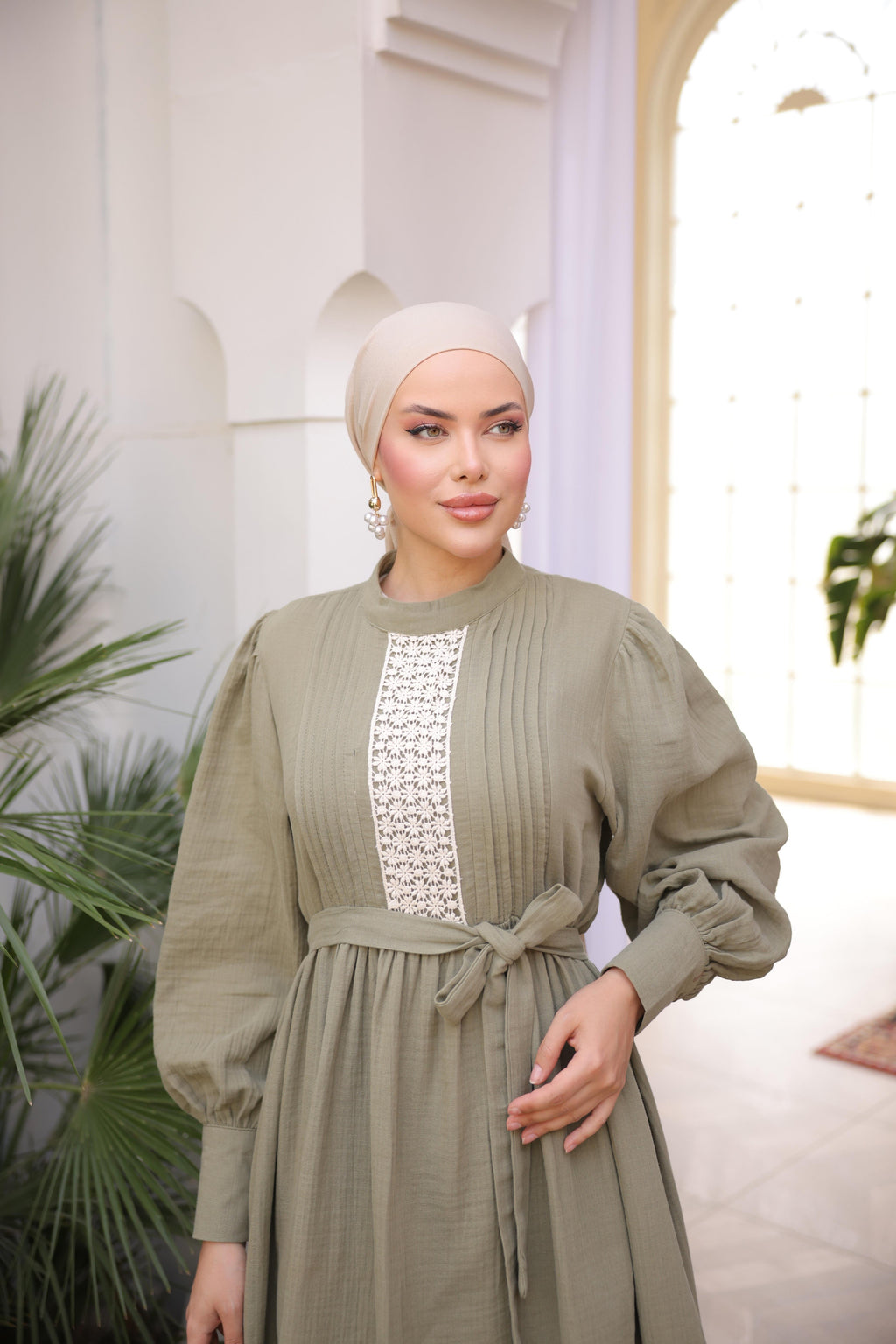 Dantel ve Nervürlü Elbise 5087 - Haki