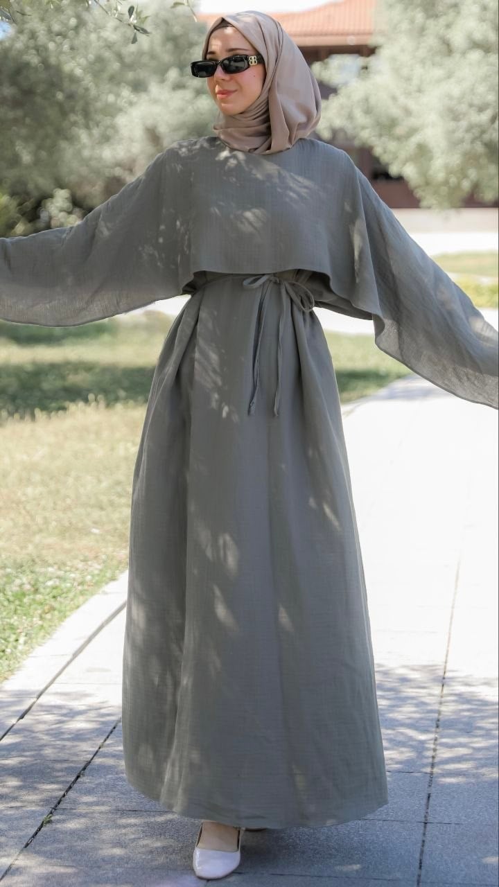 Önü Pelerinli Oversize Elbise 5156 - Haki