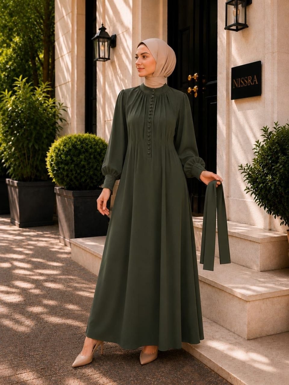Reglan Kol Kaplama Düğmeli Elbise 5152 - Haki