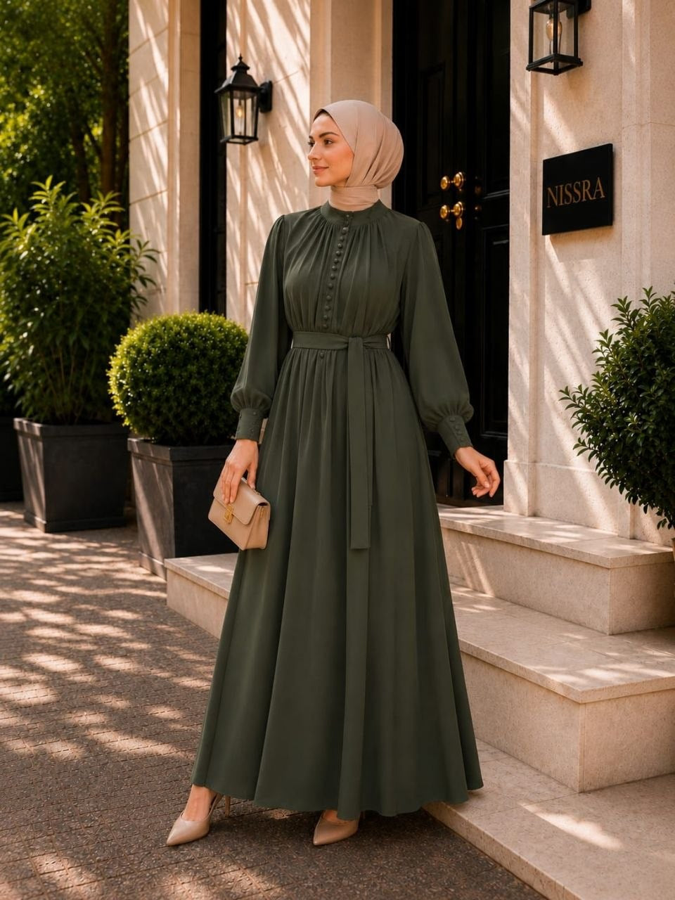 Reglan Kol Kaplama Düğmeli Elbise 5152 - Haki