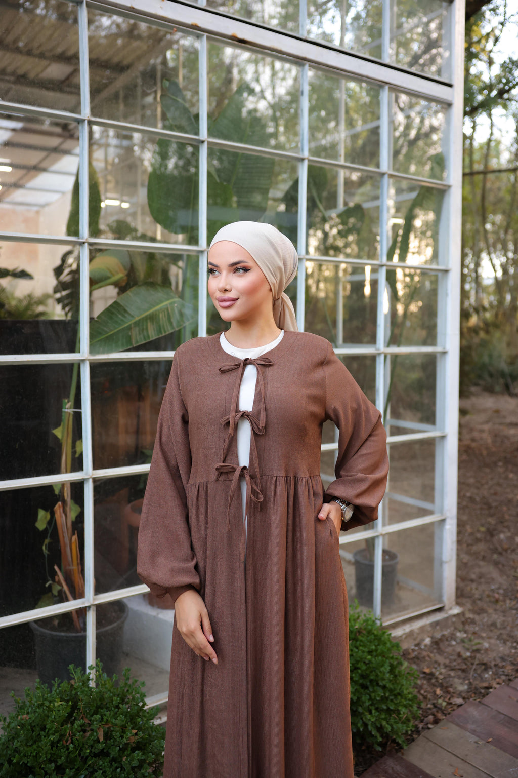 Bel Büzgülü 3 Biyeli Tesettür Kimono 8024 - Kahverengi