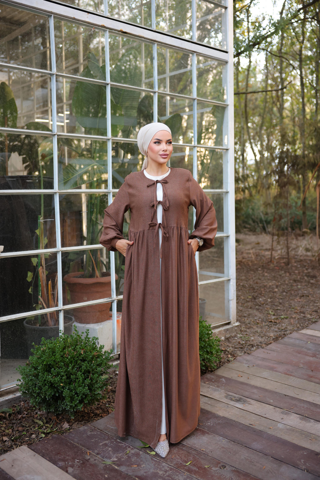 Bel Büzgülü 3 Biyeli Tesettür Kimono 8024 - Kahverengi