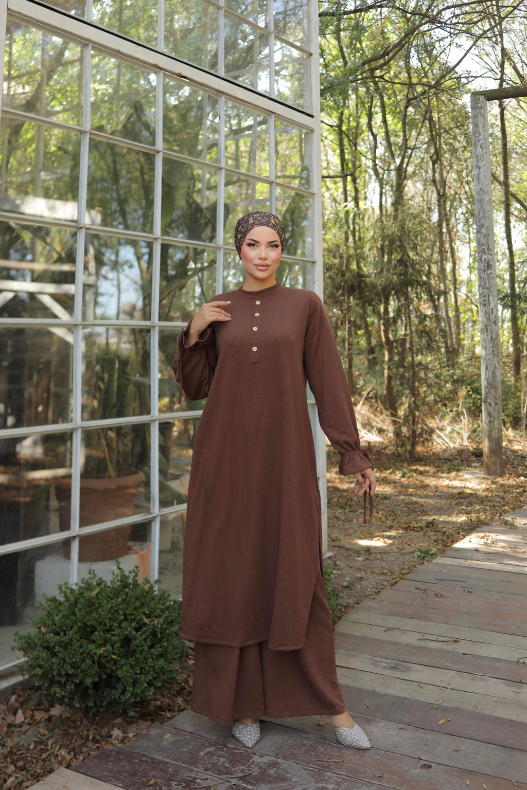 Düğme Detaylı Örme Pantolon Takım 6020 - Kahverengi