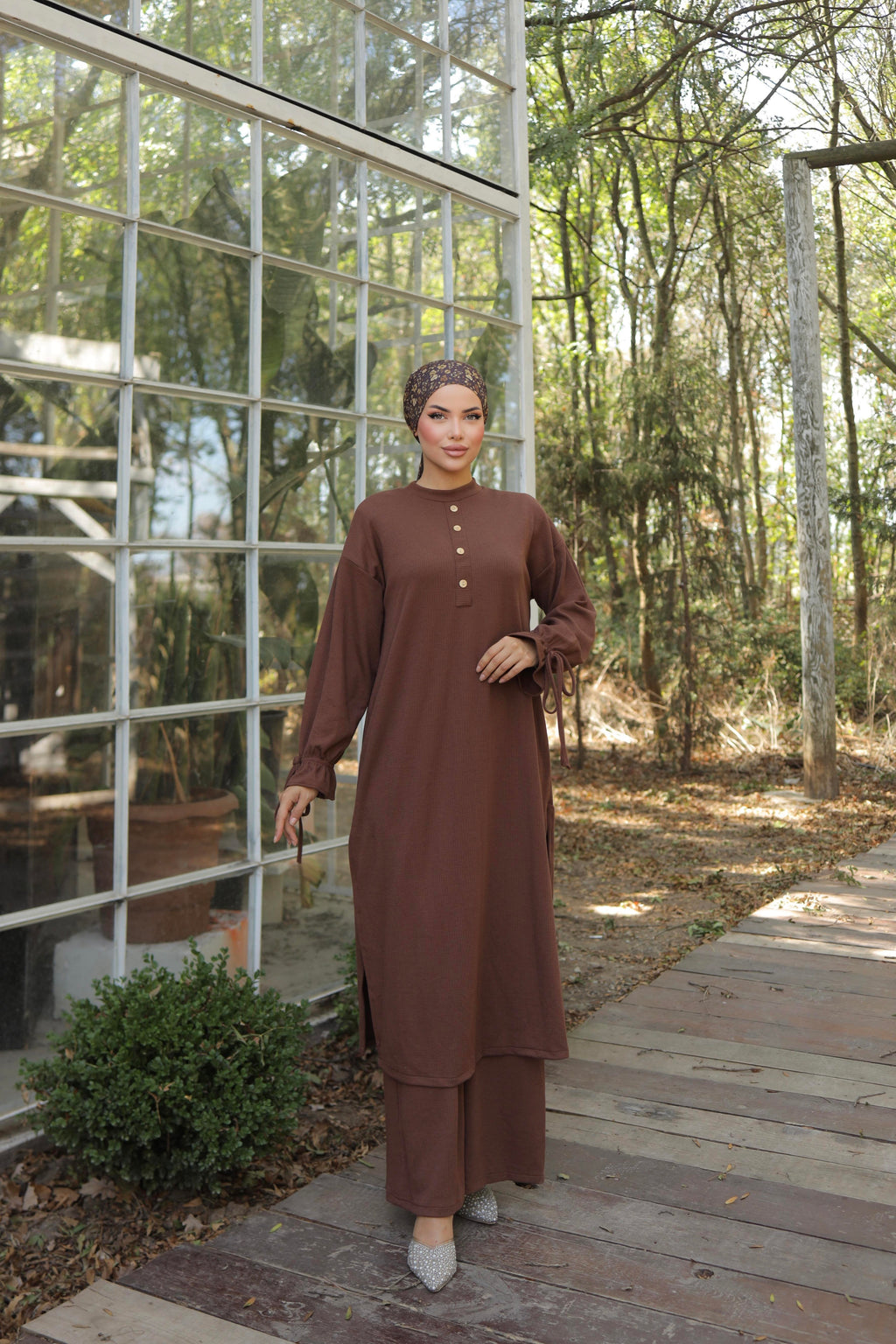 Düğme Detaylı Örme Pantolon Takım 6020 - Kahverengi