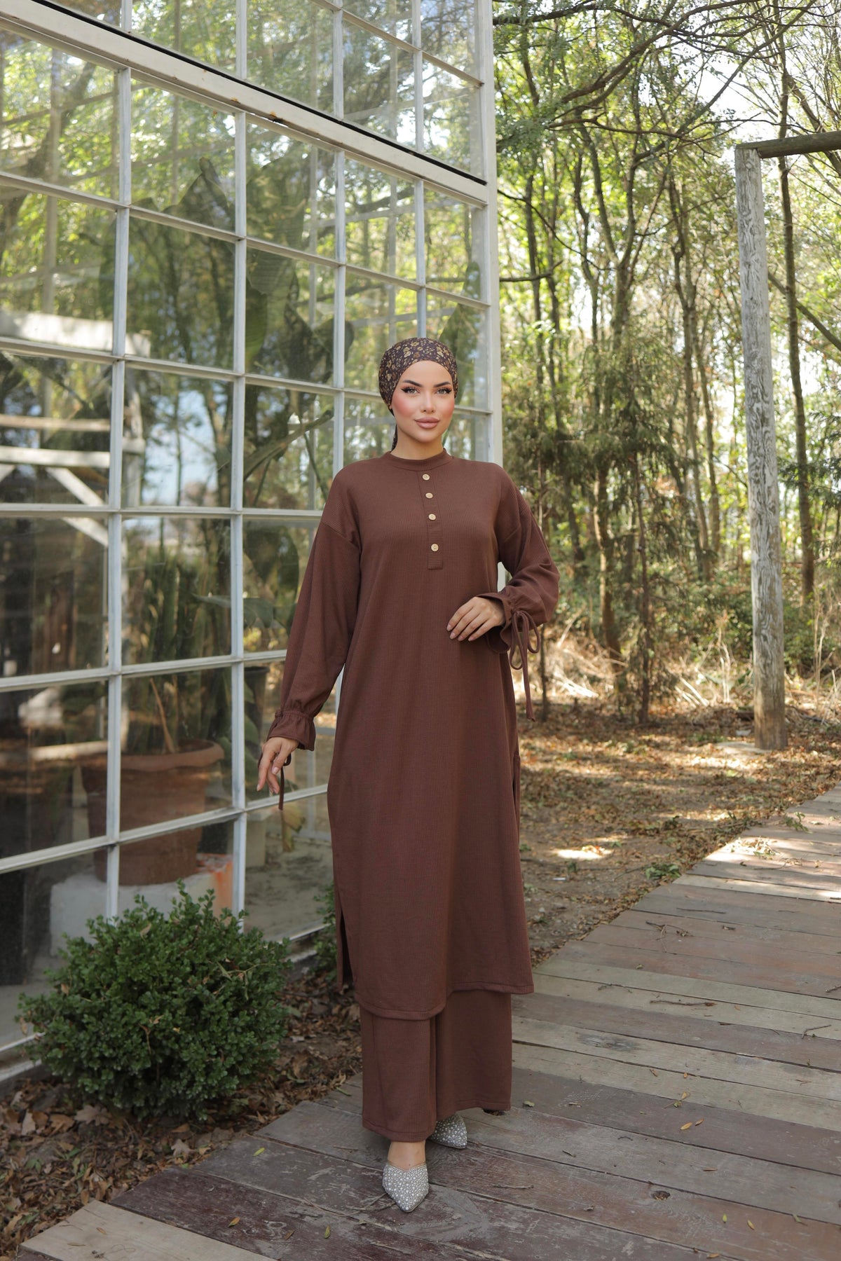 Düğme Detaylı Örme Pantolon Takım 6020 - Kahverengi