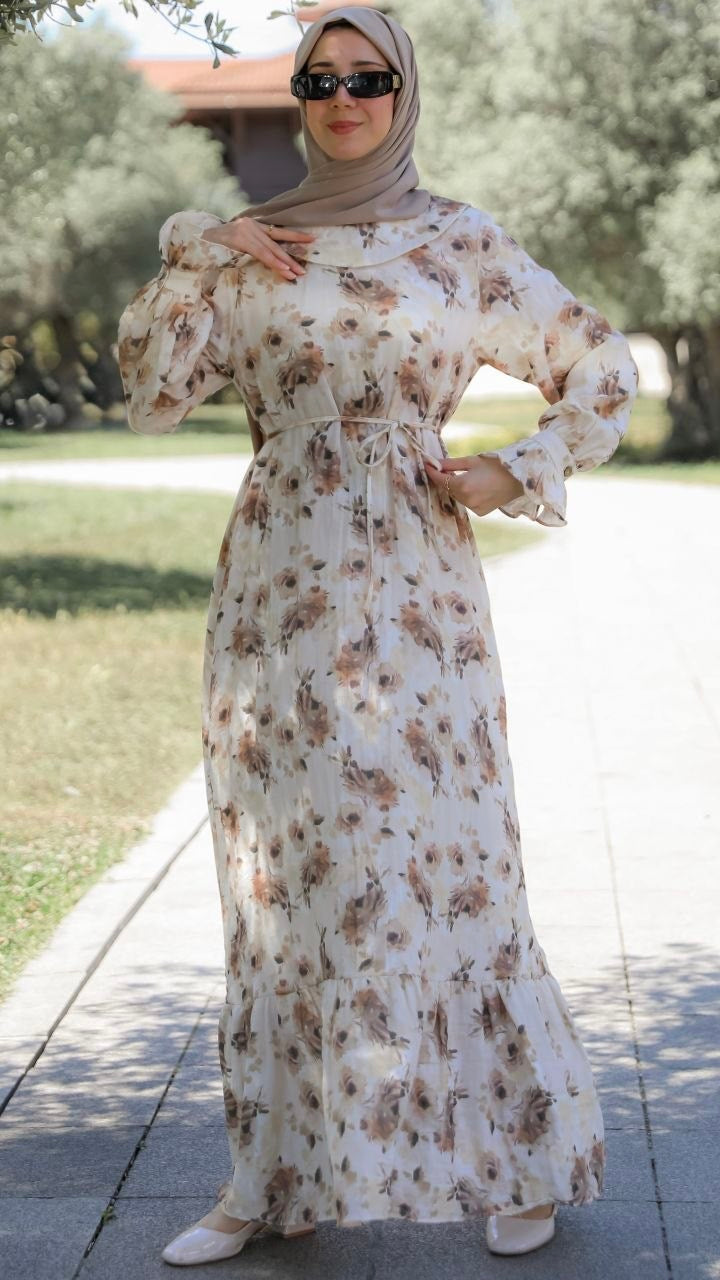 Çiçekli Müslin Elbise 5155 - Kahverengi