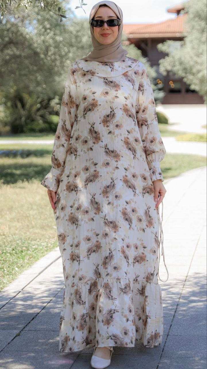 Çiçekli Müslin Elbise 5155 - Kahverengi