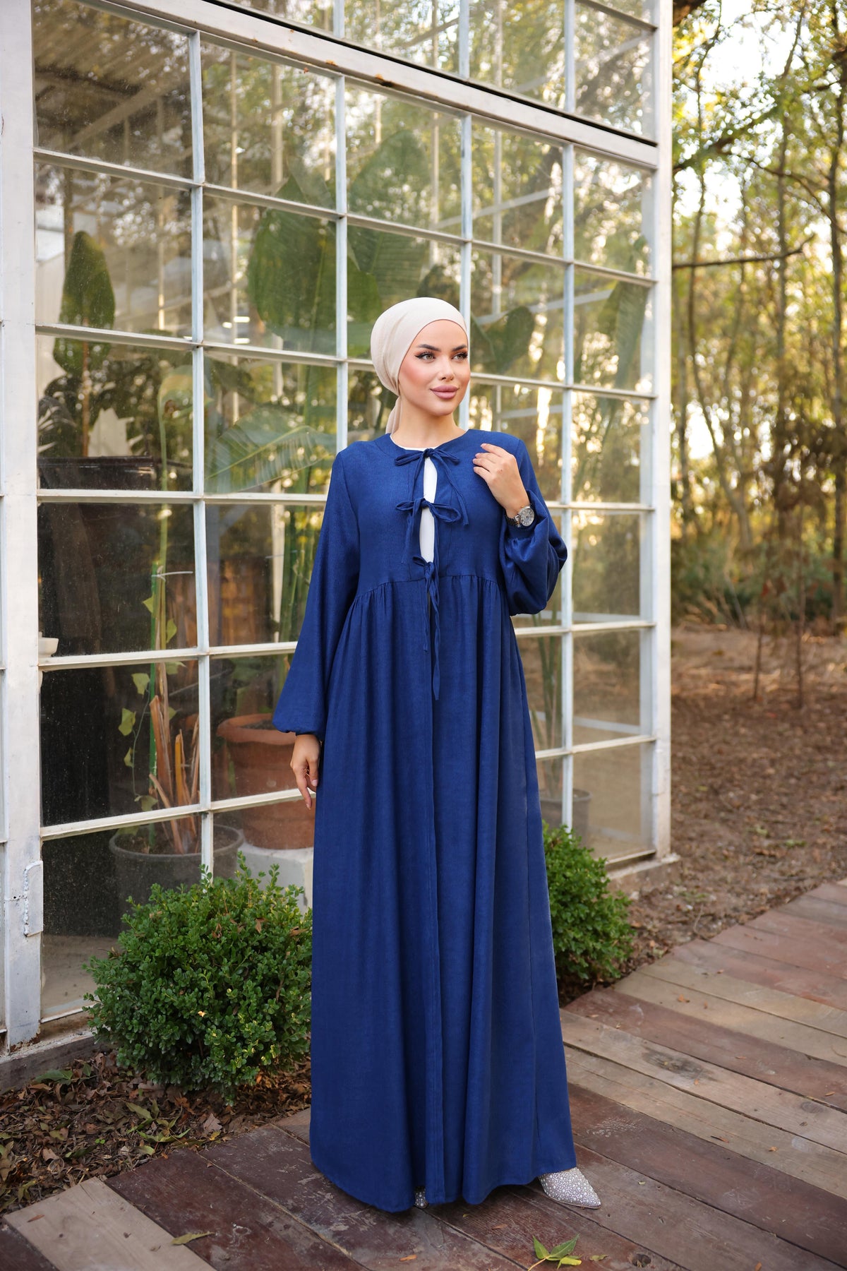 Bel Büzgülü 3 Biyeli Tesettür Kimono 8024 - Lacivert