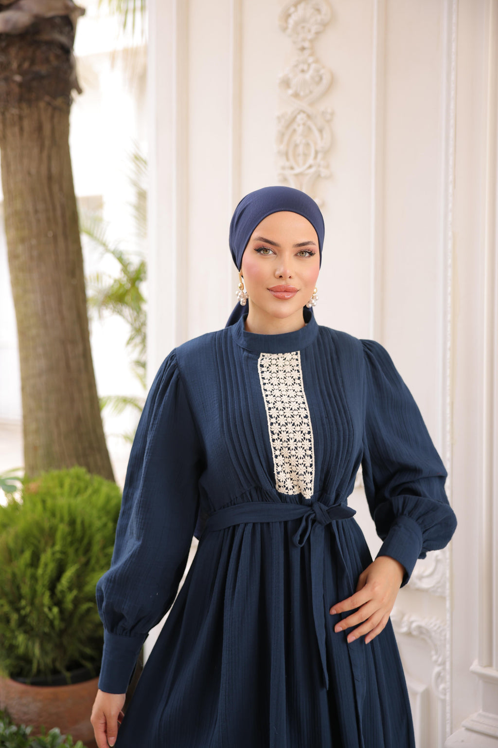 Dantel ve Nervürlü Elbise 5087 - Lacivert