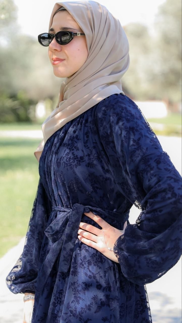 LY26 4030 REGLAN KOL FLOK BASKILI ELBİSE - Lacivert