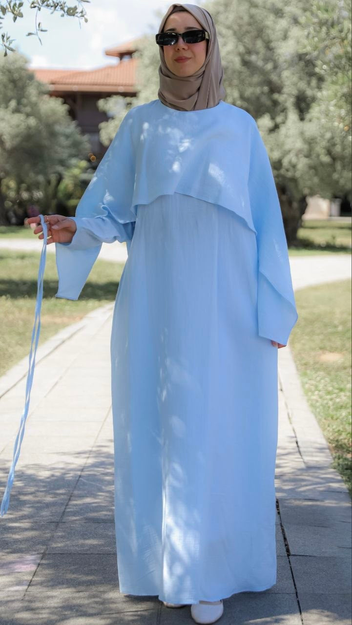 Önü Pelerinli Oversize Elbise 5156 - Mavi