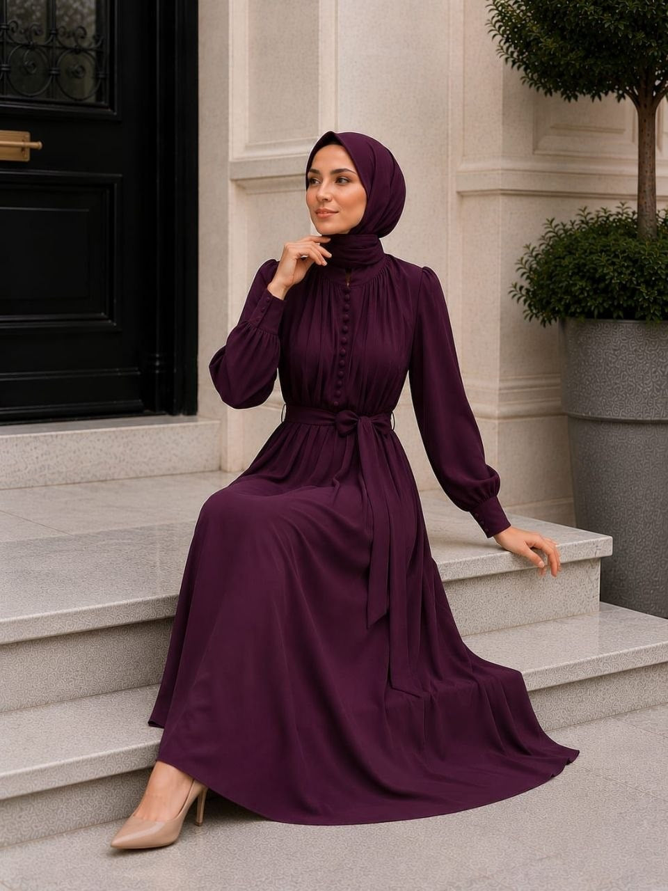 Reglan Kol Kaplama Düğmeli Elbise 5152 - Mor