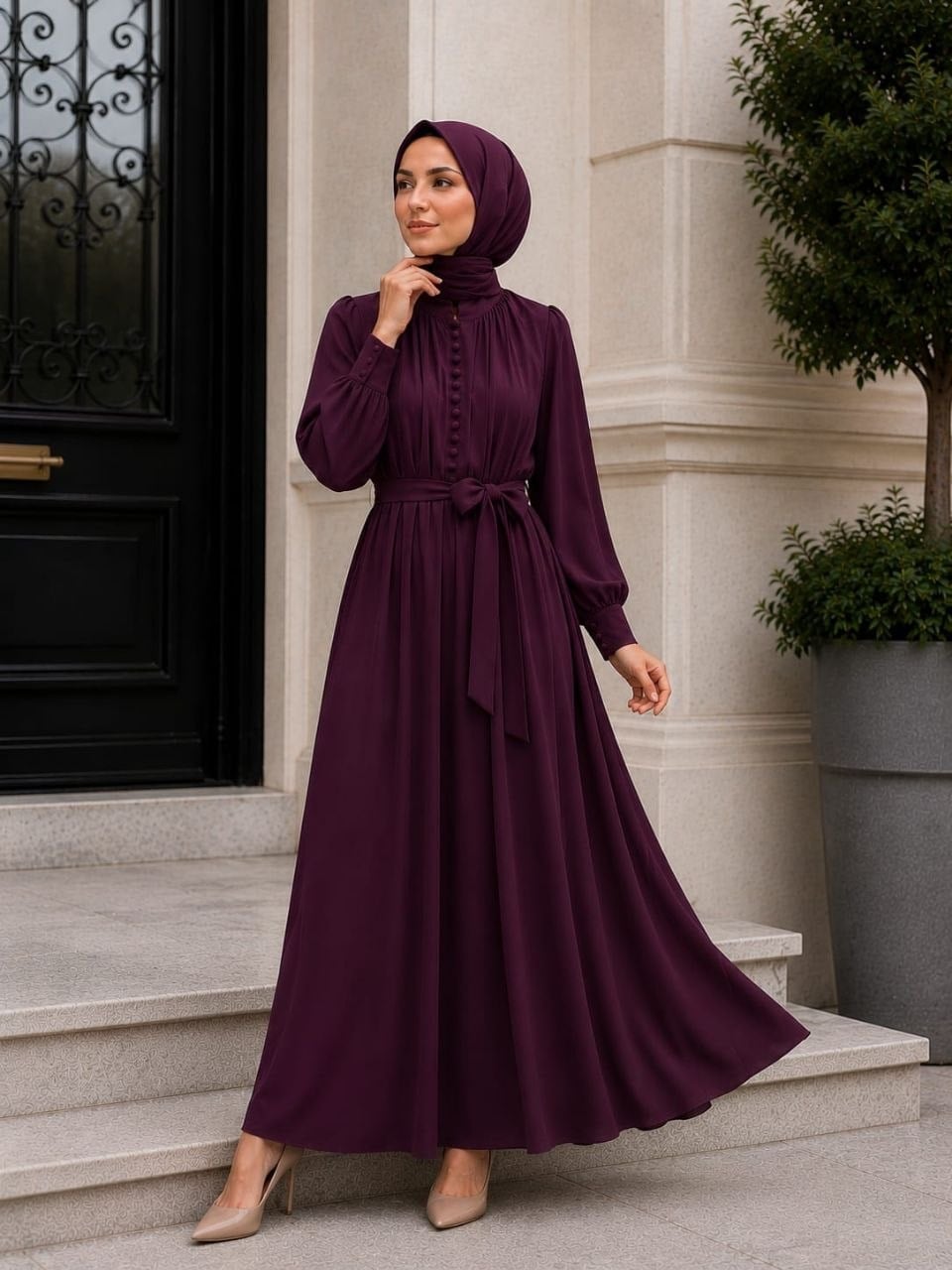 Reglan Kol Kaplama Düğmeli Elbise 5152 - Mor