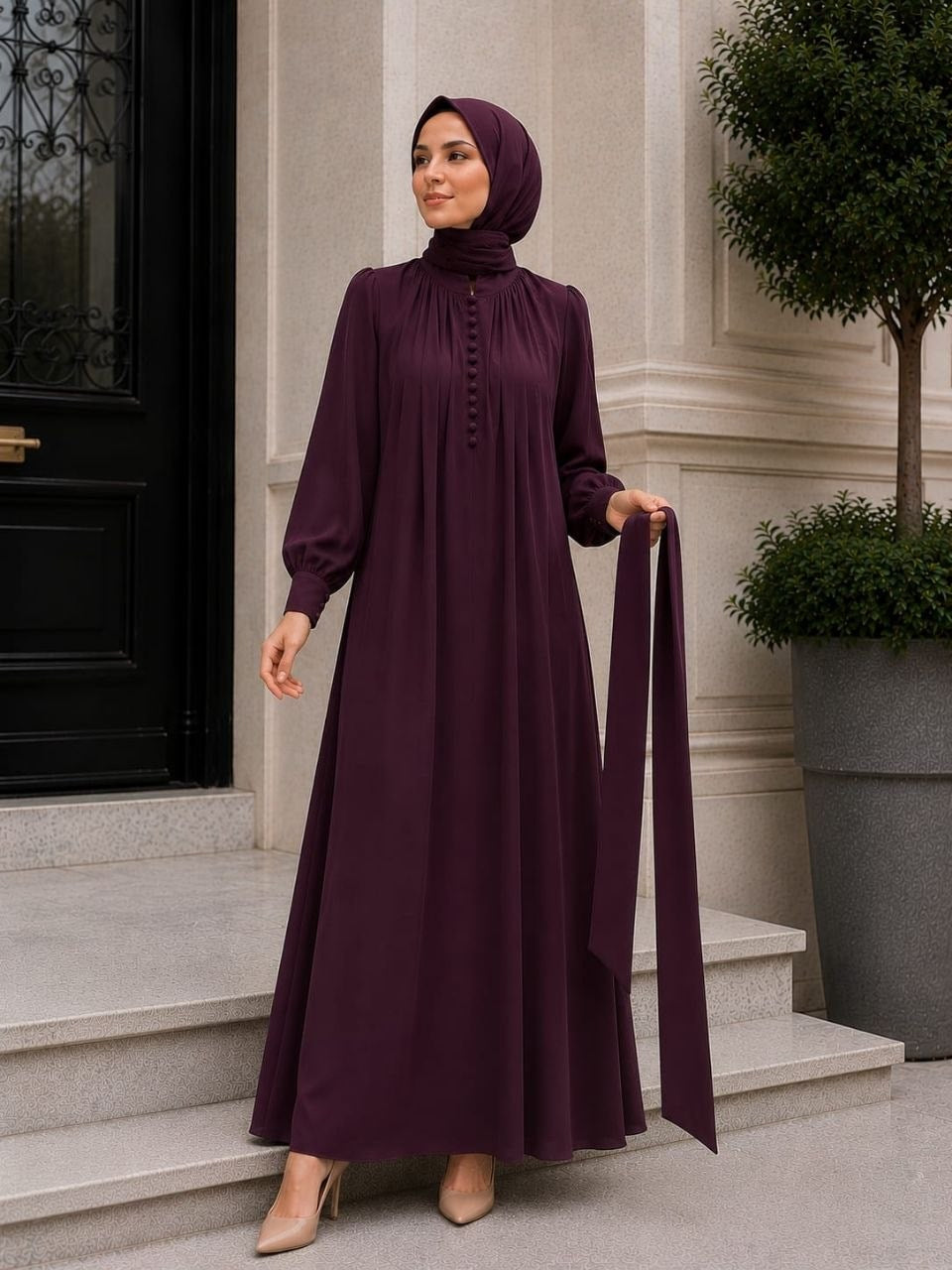 Reglan Kol Kaplama Düğmeli Elbise 5152 - Mor