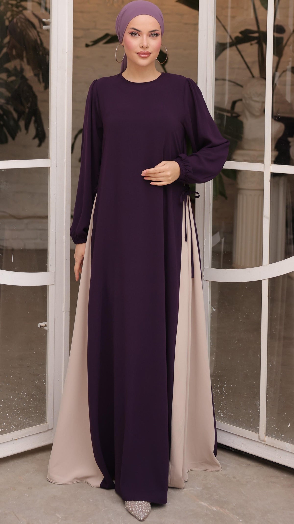Yandan Garnili Elbise 5061 - Mürdüm