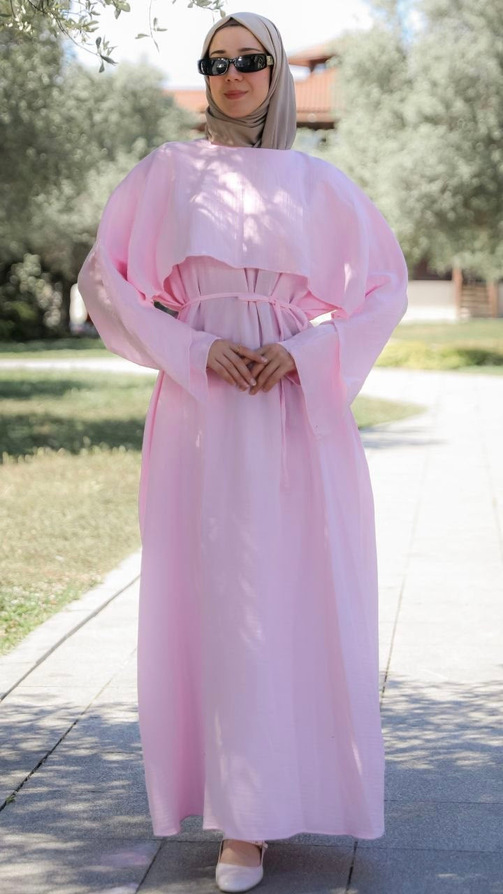 Önü Pelerinli Oversize Elbise 5156 - Pembe