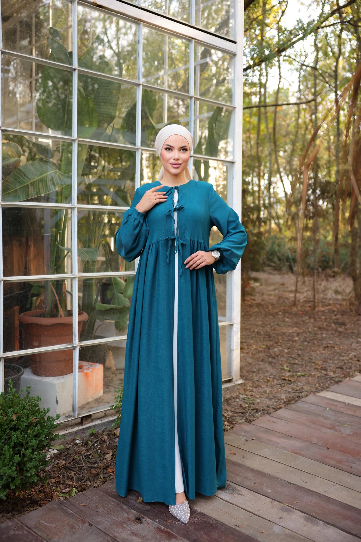 Bel Büzgülü 3 Biyeli Tesettür Kimono 8024 - Petrol
