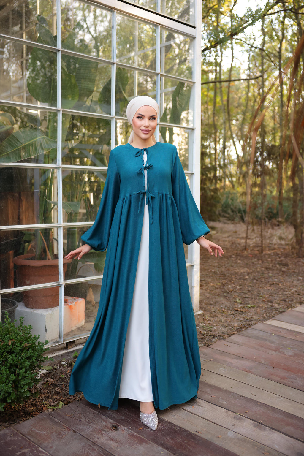 Bel Büzgülü 3 Biyeli Tesettür Kimono 8024 - Petrol