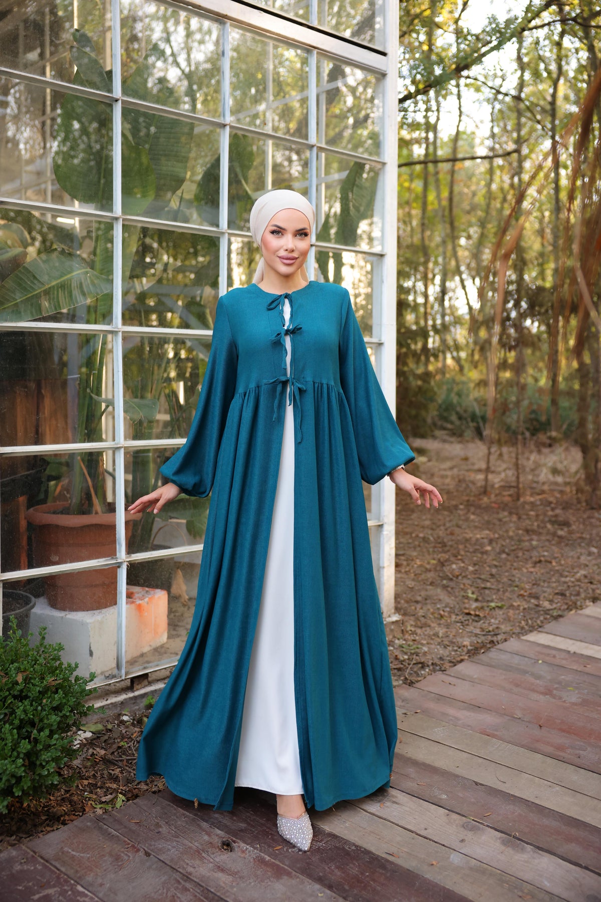 Bel Büzgülü 3 Biyeli Tesettür Kimono 8024 - Petrol