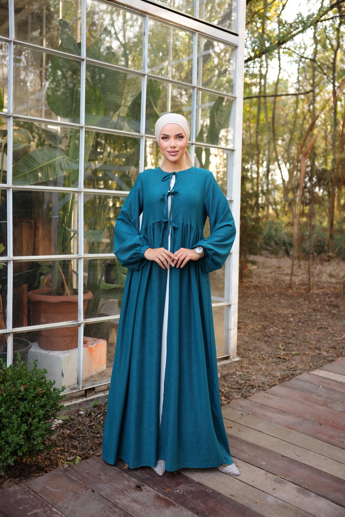 Bel Büzgülü 3 Biyeli Tesettür Kimono 8024 - Petrol