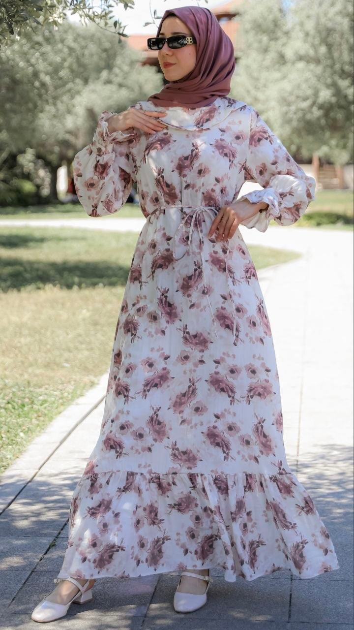 Çiçekli Müslin Elbise 5155 - Pudra