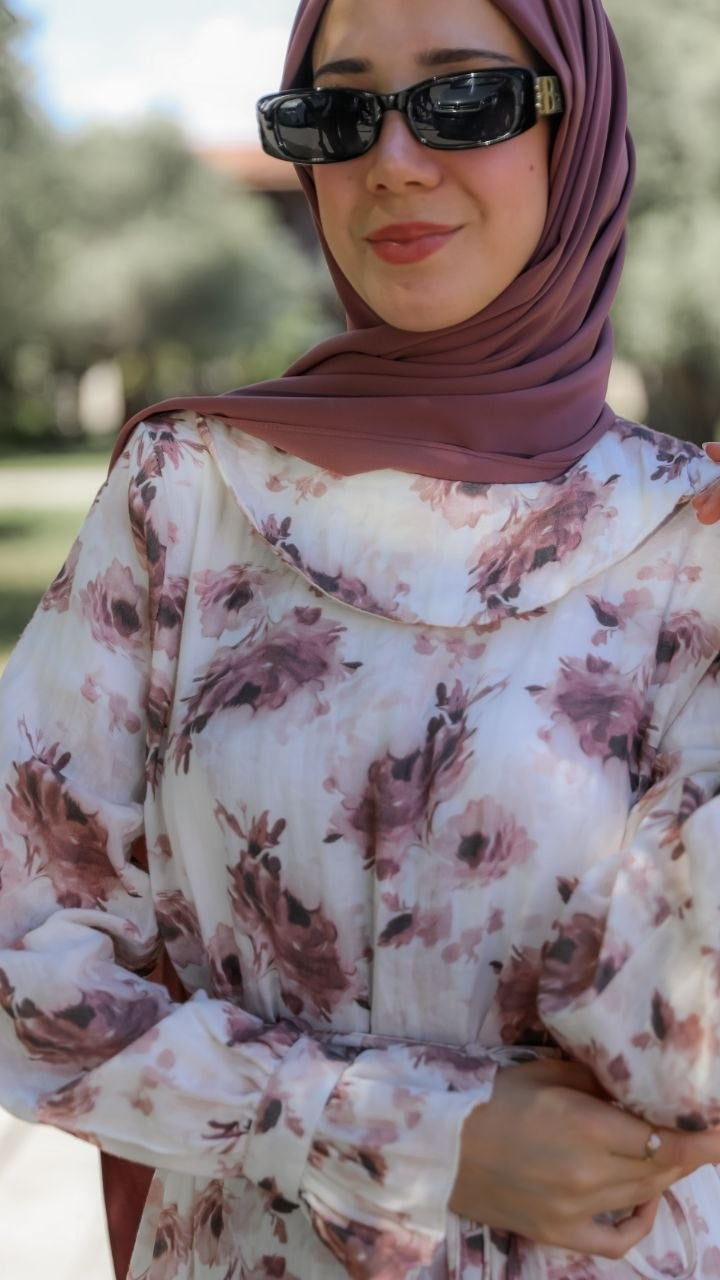Çiçekli Müslin Elbise 5155 - Pudra