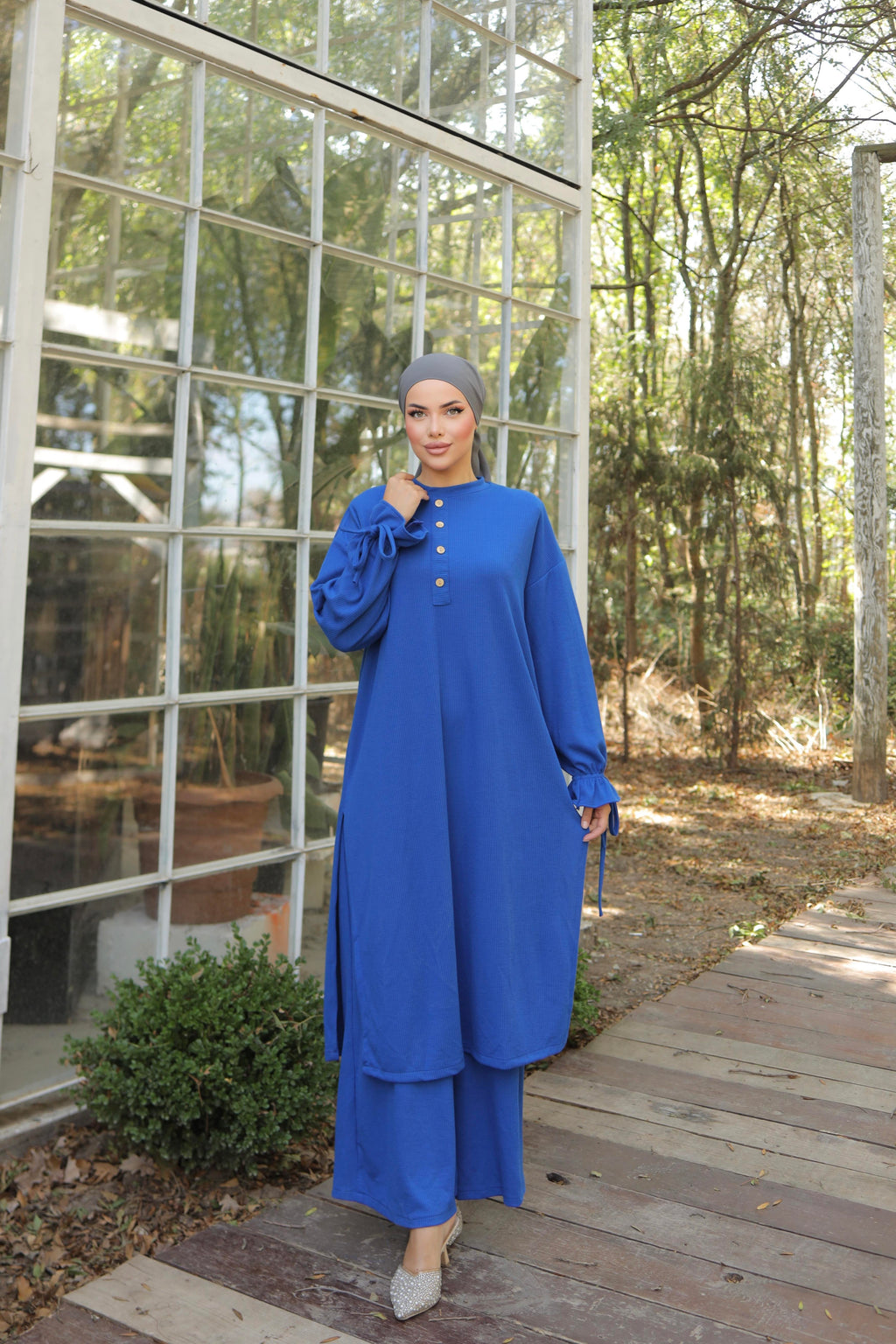 Düğme Detaylı Örme Pantolon Takım 6020 - Saks