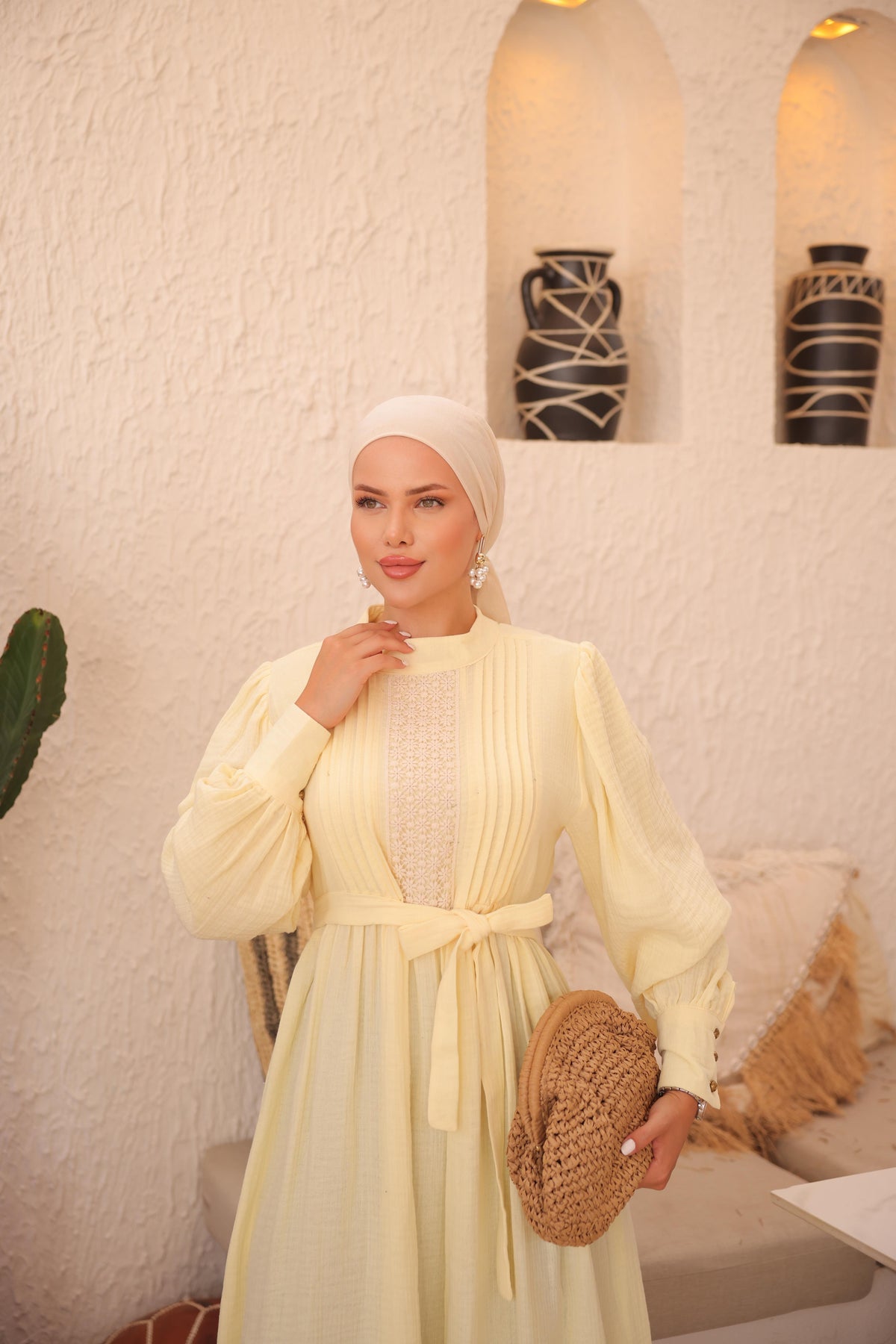 Dantel ve Nervürlü Elbise 5087 - Sarı