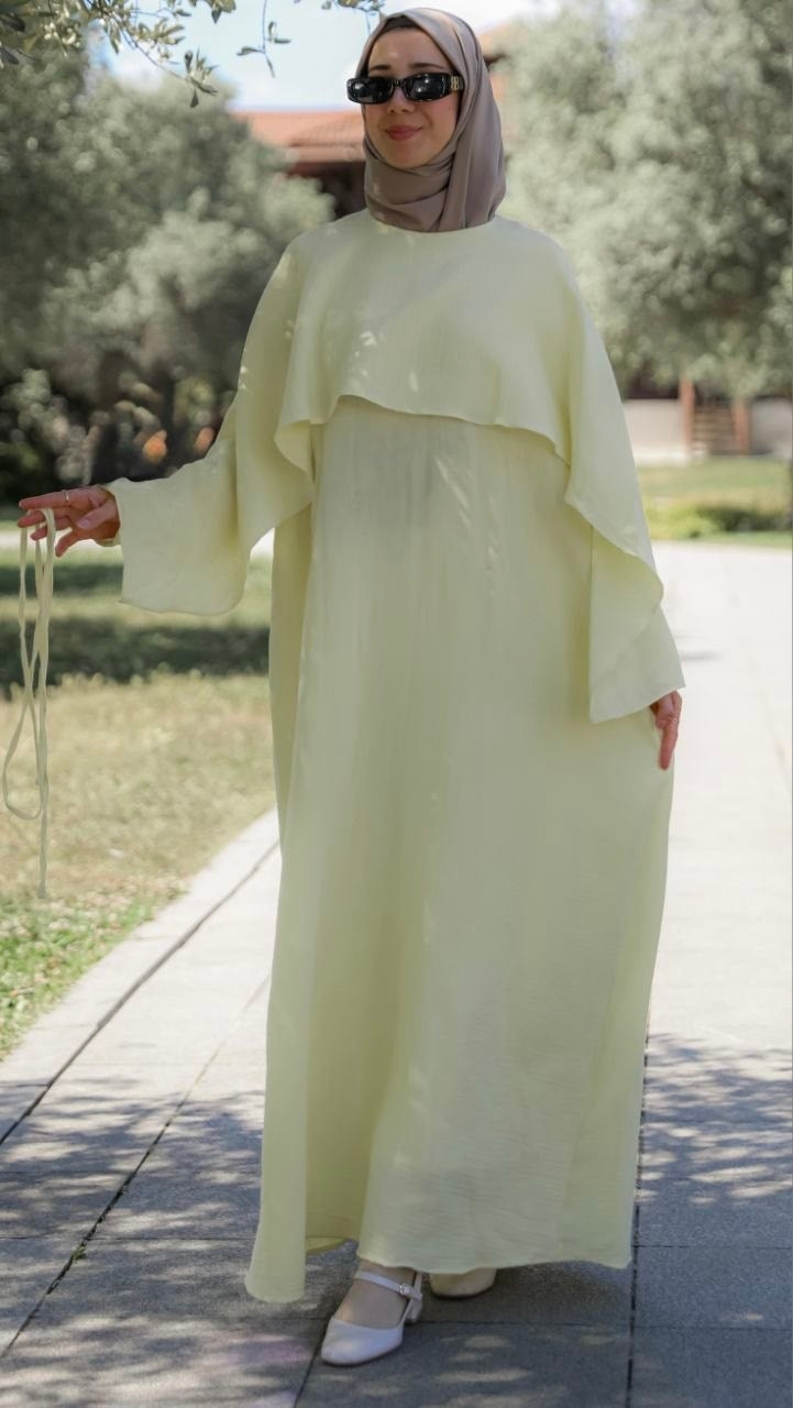 Önü Pelerinli Oversize Elbise 5156 - Sarı