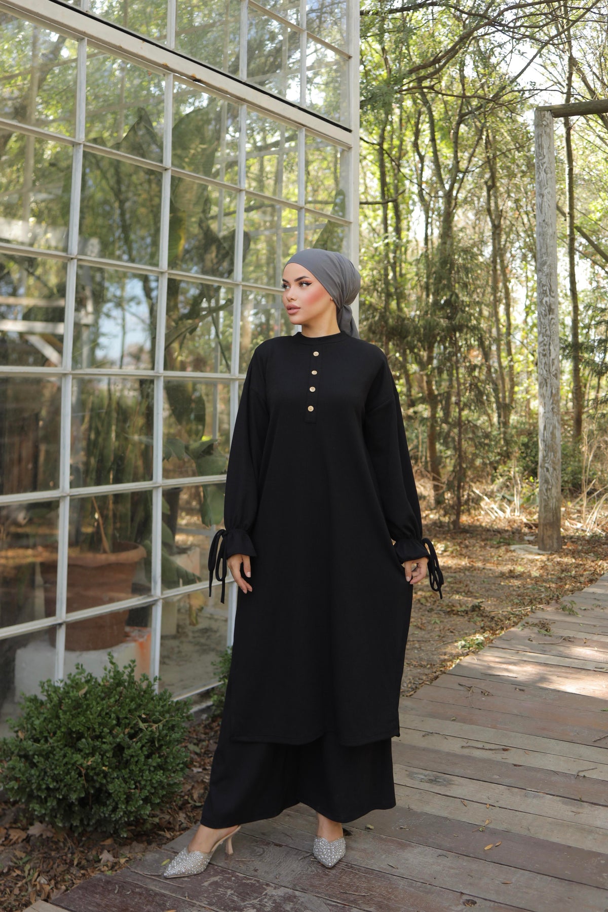 Düğme Detaylı Örme Pantolon Takım 6020 - Siyah