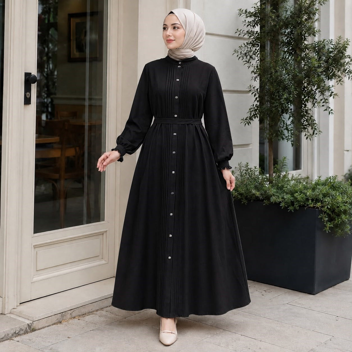 Nervürlü Çıtçıtlı Ferace 5153 - Siyah