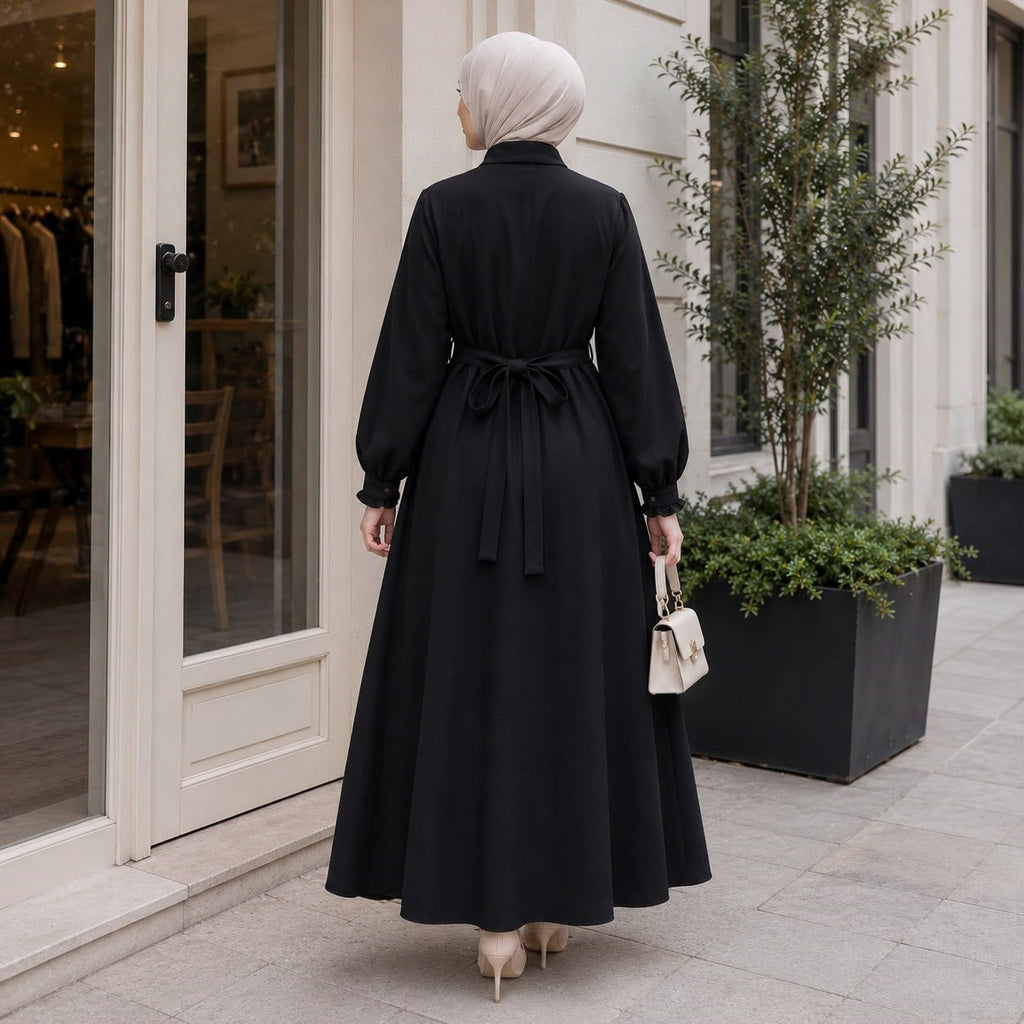 Nervürlü Çıtçıtlı Ferace 5153 - Siyah