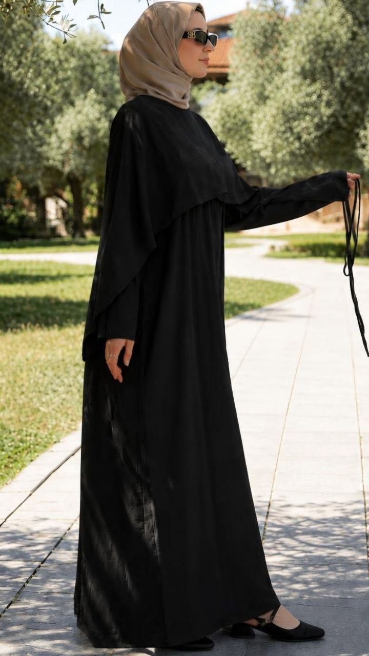 Önü Pelerinli Oversize Elbise 5156 - Siyah