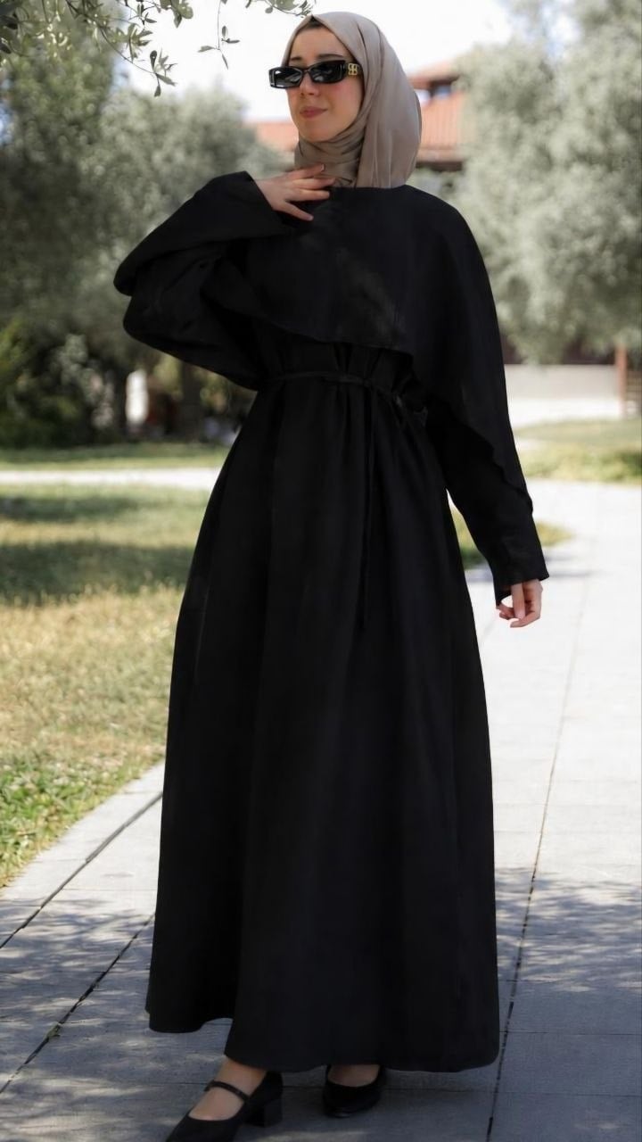Önü Pelerinli Oversize Elbise 5156 - Siyah