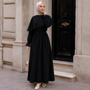 Pelerinli Dantelli Elbise 5159 - Siyah