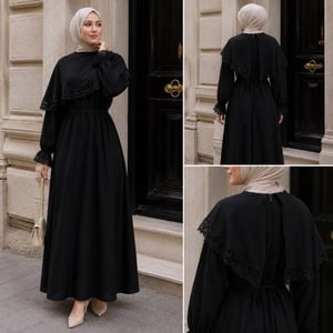 Pelerinli Dantelli Elbise 5159 - Siyah