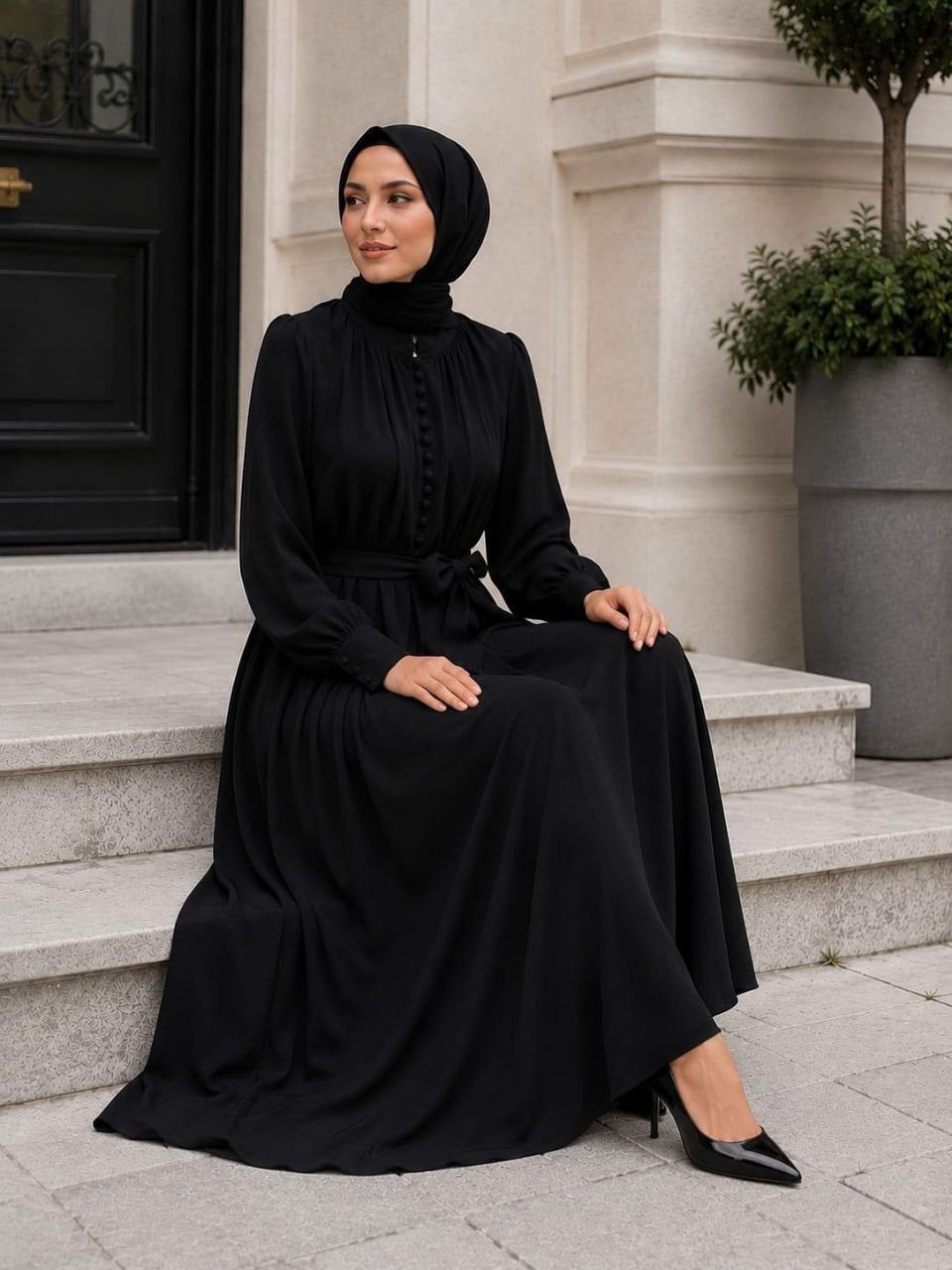 Reglan Kol Kaplama Düğmeli Elbise 5152 - Siyah