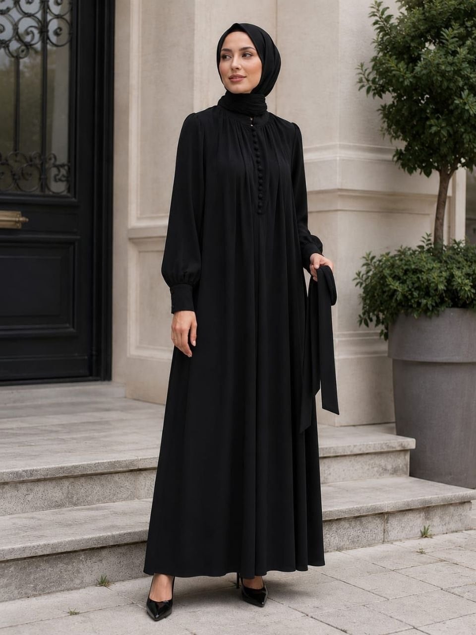 Reglan Kol Kaplama Düğmeli Elbise 5152 - Siyah