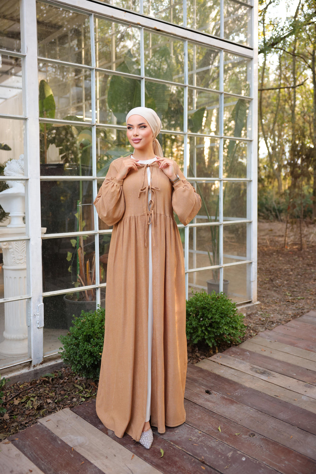 Bel Büzgülü 3 Biyeli Tesettür Kimono 8024 - Taba