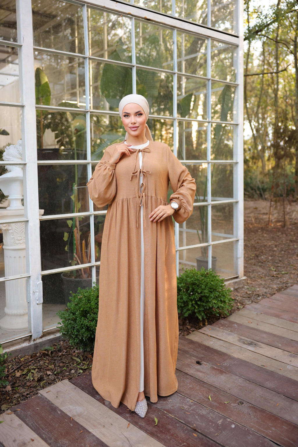 Bel Büzgülü 3 Biyeli Tesettür Kimono 8024 - Taba
