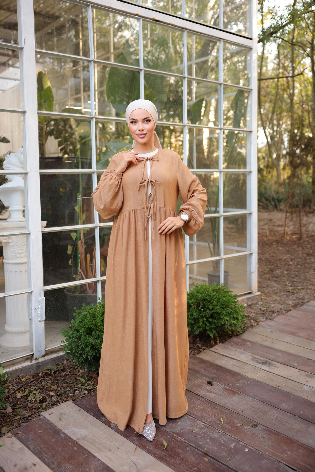 Bel Büzgülü 3 Biyeli Tesettür Kimono 8024 - Taba