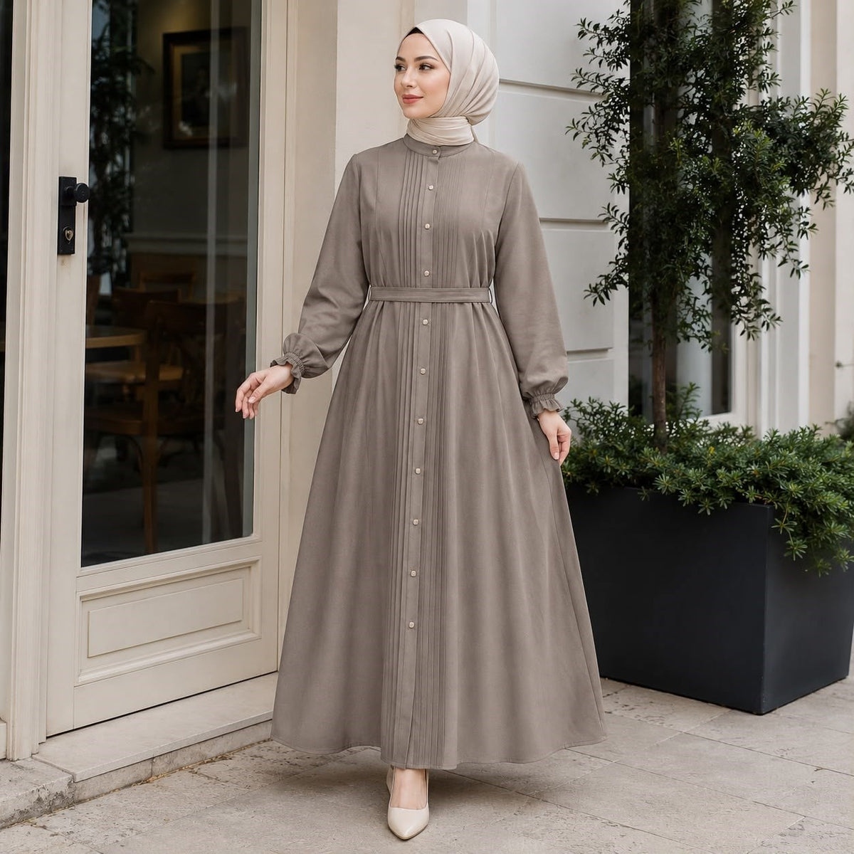 Nervürlü Çıtçıtlı Ferace 5153 - Vizon