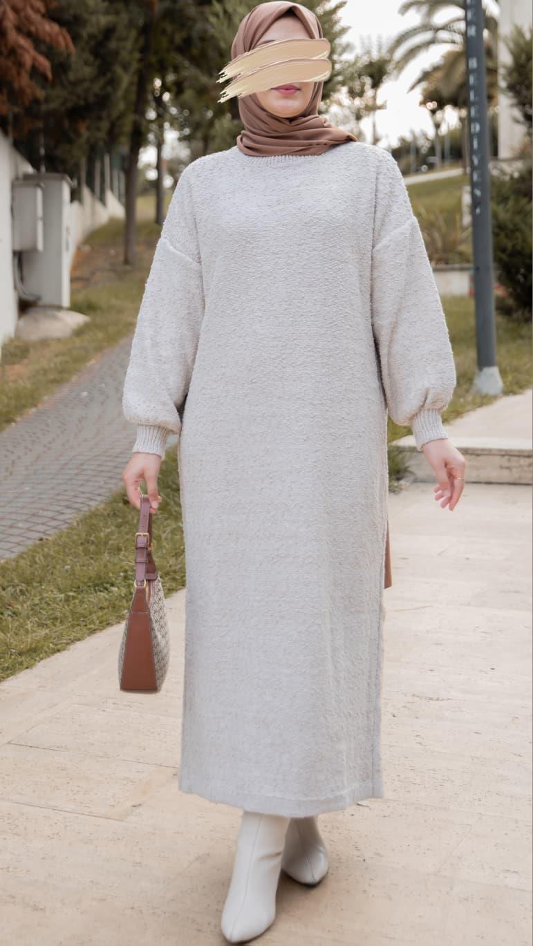 Oversize Tasarım Triko Elbise - Vizon